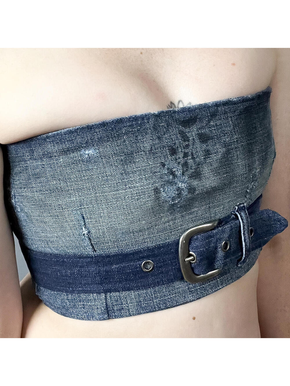Denim Tube Top | Upcycled Denim Belted Bandeau Top Lace Up Reworked Jeans